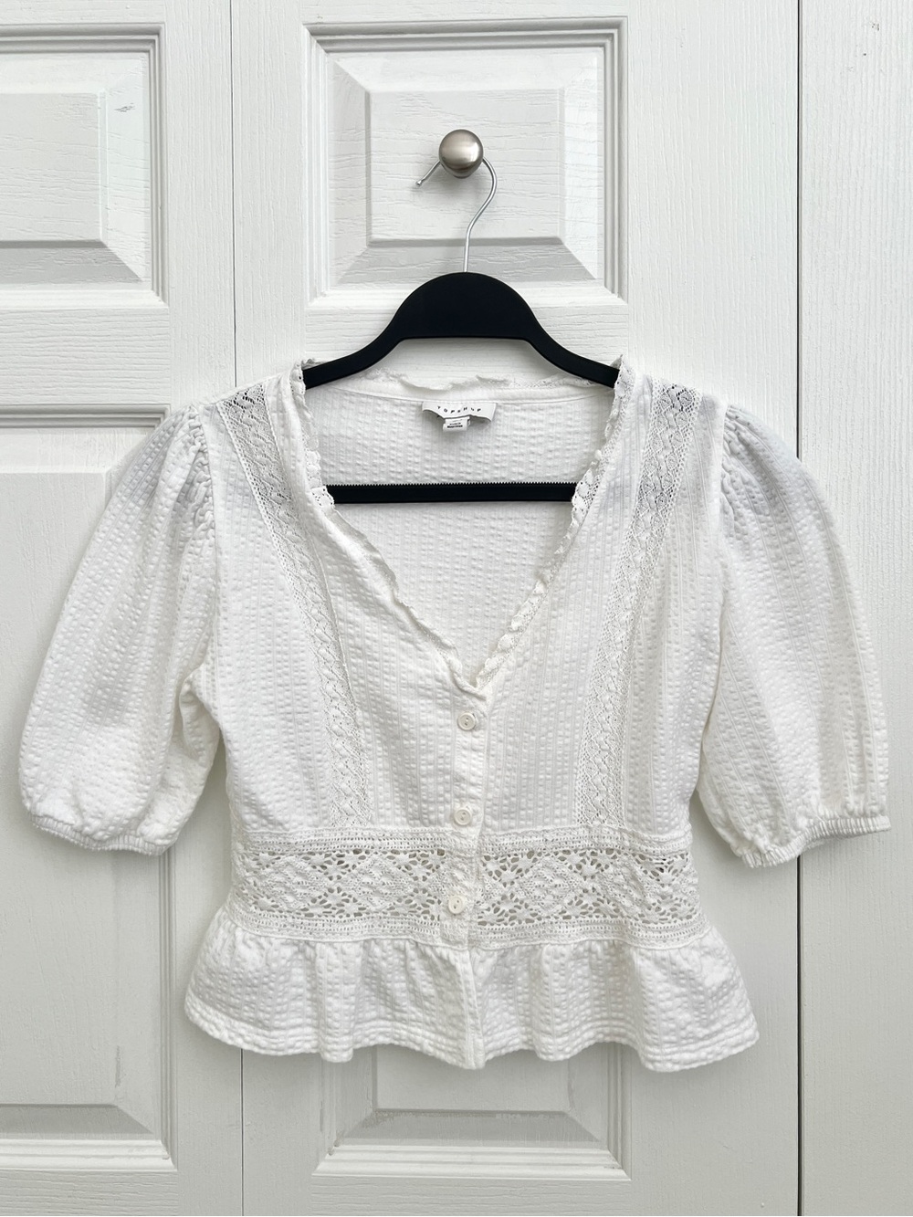 Topshop White Lace-Trim Peplum Button-Front Blouse